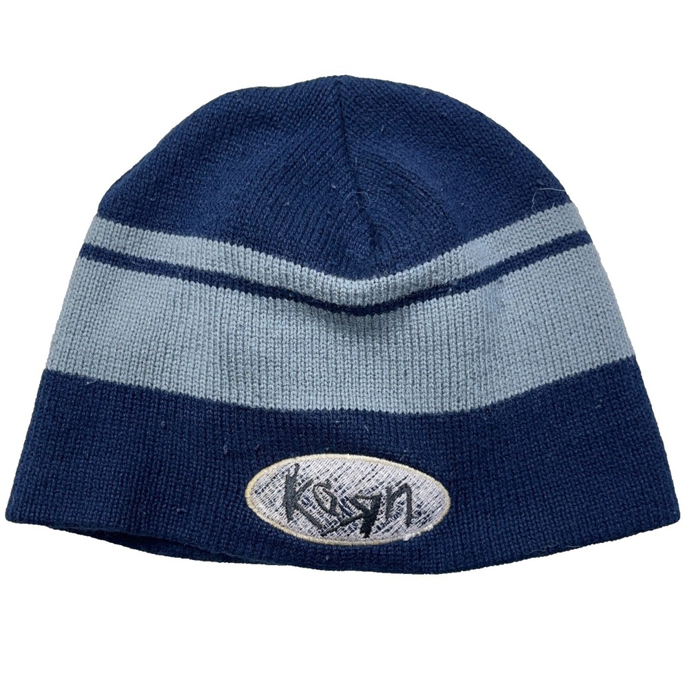 Vintage Korn Beanie Hat Skull Cap Toboggan Navy Blue Gray‎ Rock Metal Band Y2K